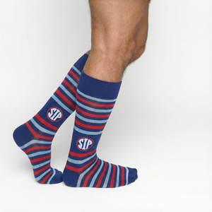 Blue and red striped SIP socks with a logo on a white background