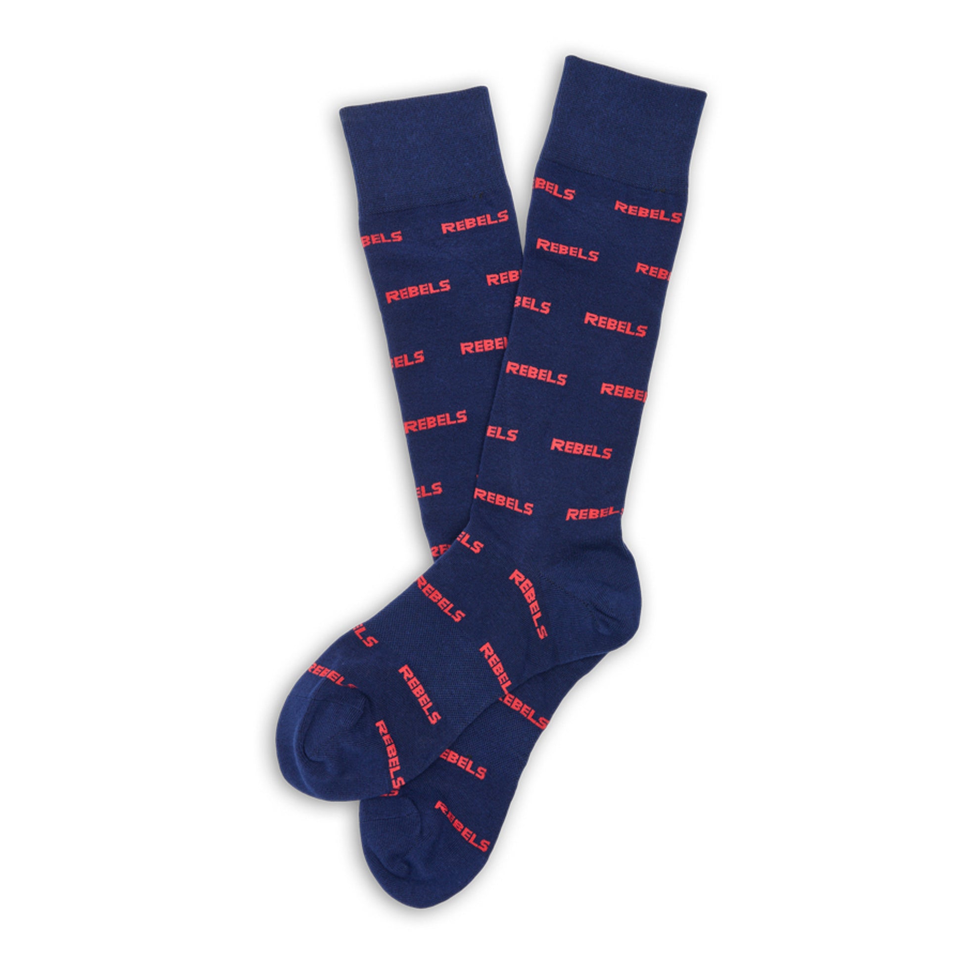 Navy dress socks with REBELS in text in an all over pattern laid out flat.