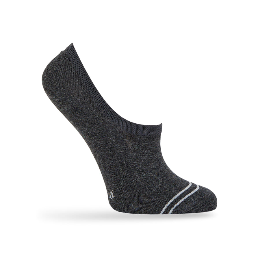 Beau no-show socks on a women's foot form, showing solid charcoal
