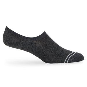 Charcoal no-show socks with non-slip heel grip and subtle stripe design, ideal for a seamless look in any shoe.