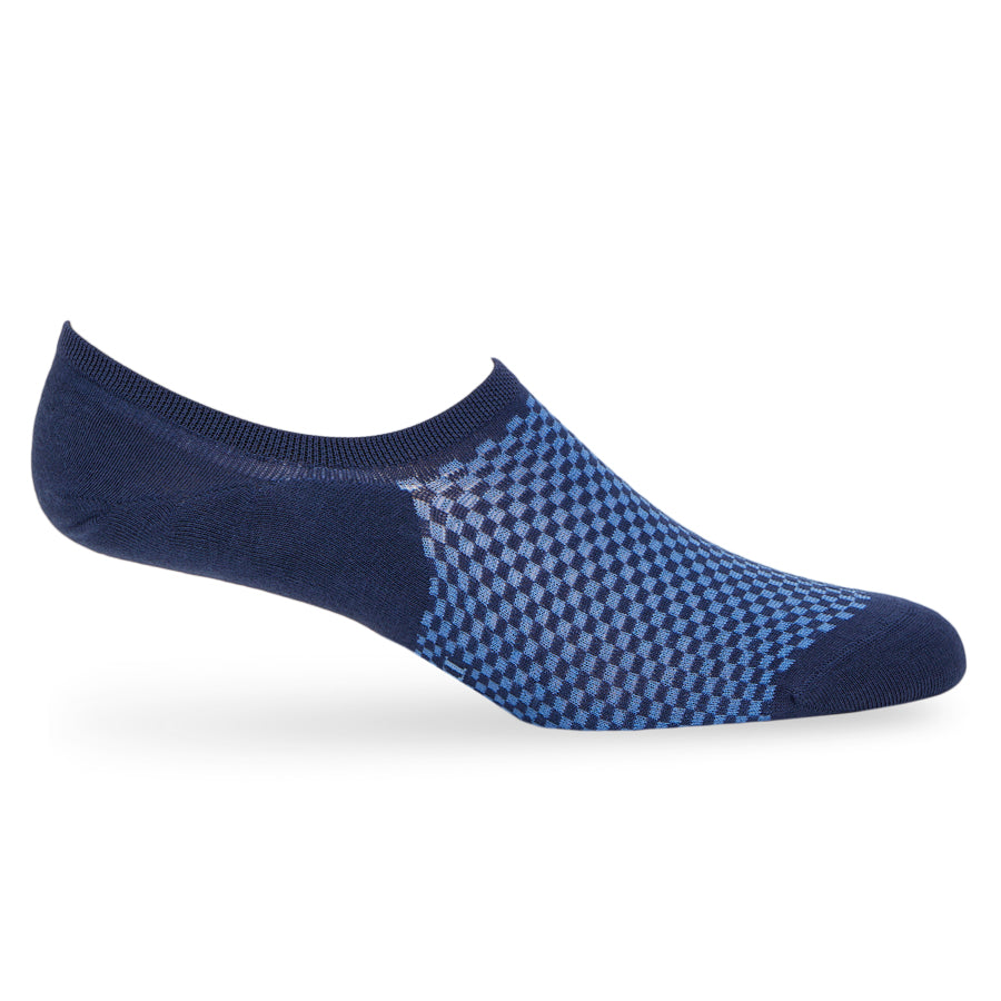 Cooper no-show socks worn, showing the low-cut invisible fit in navy with a blue checkered pattern