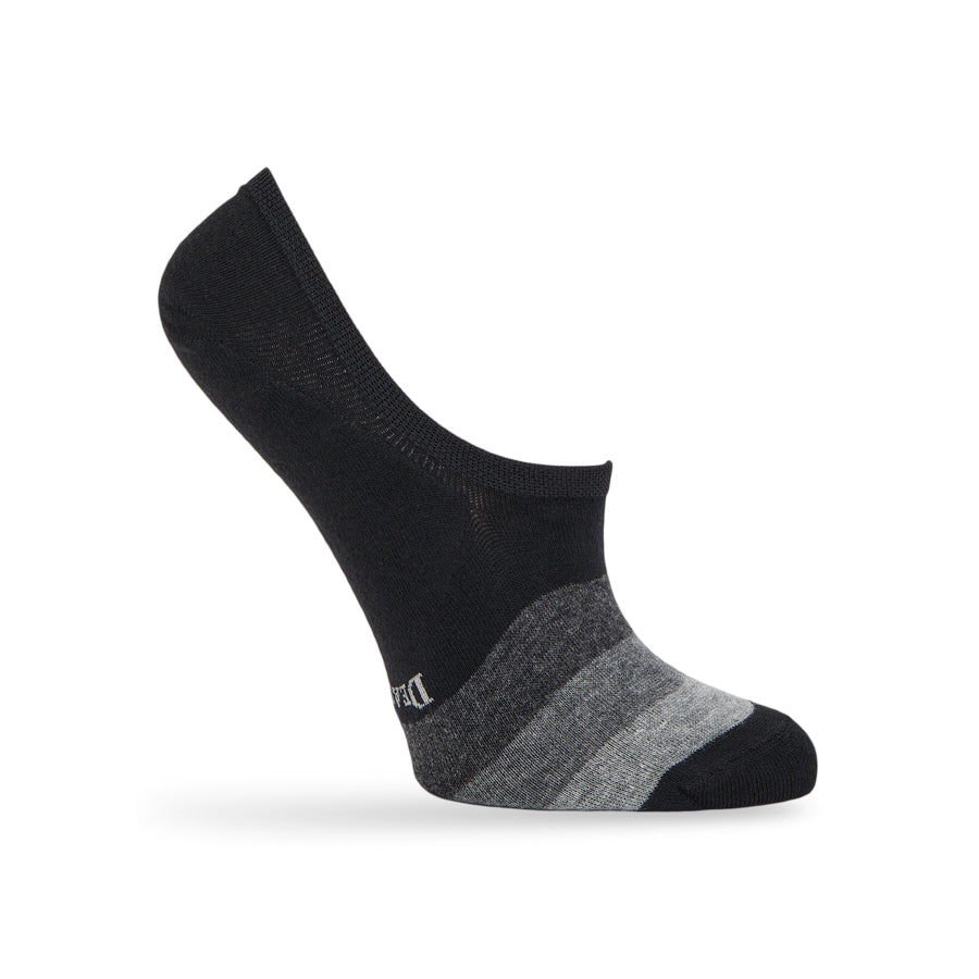 Jax no-show socks on a women's foot form, showing black and grey colour-block design
