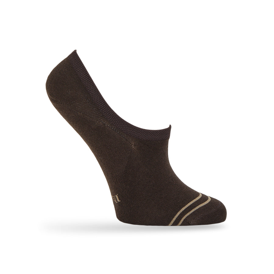 Oakley no-show socks on a women's foot form, showing deep brown with gold toe striping