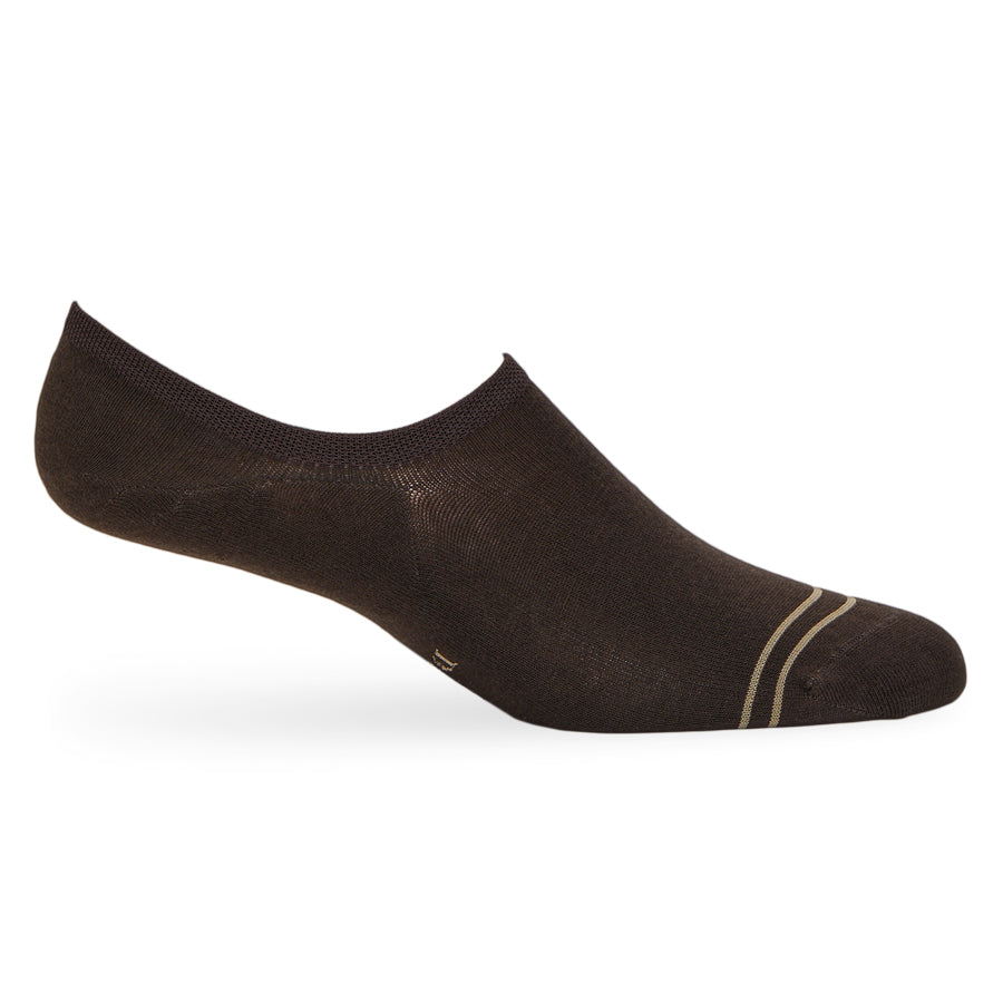 Oakley no-show socks worn, showing the low-cut invisible fit in deep brown with gold toe striping