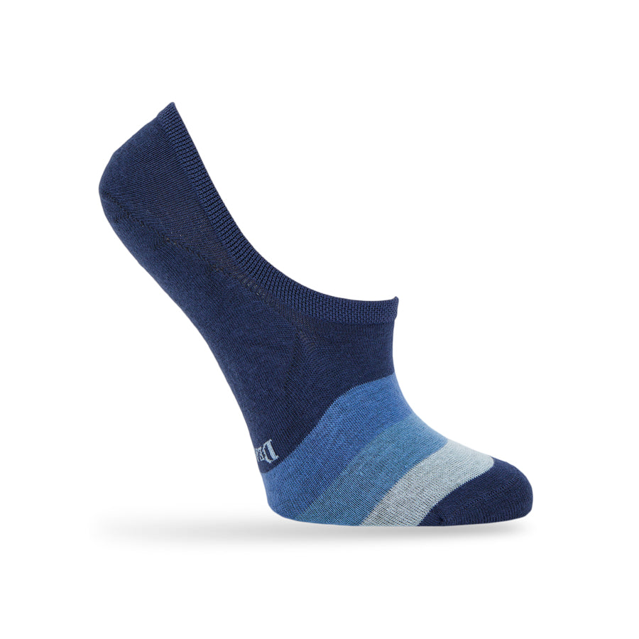 Rich no-show socks on a women's foot form, showing a blue gradient