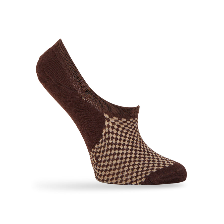 Teddy no-show socks on a women's foot form, showing rich brown houndstooth