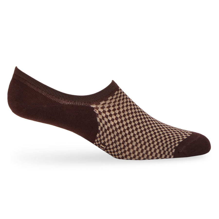 Teddy no-show socks worn, showing the low-cut invisible fit in rich brown houndstooth