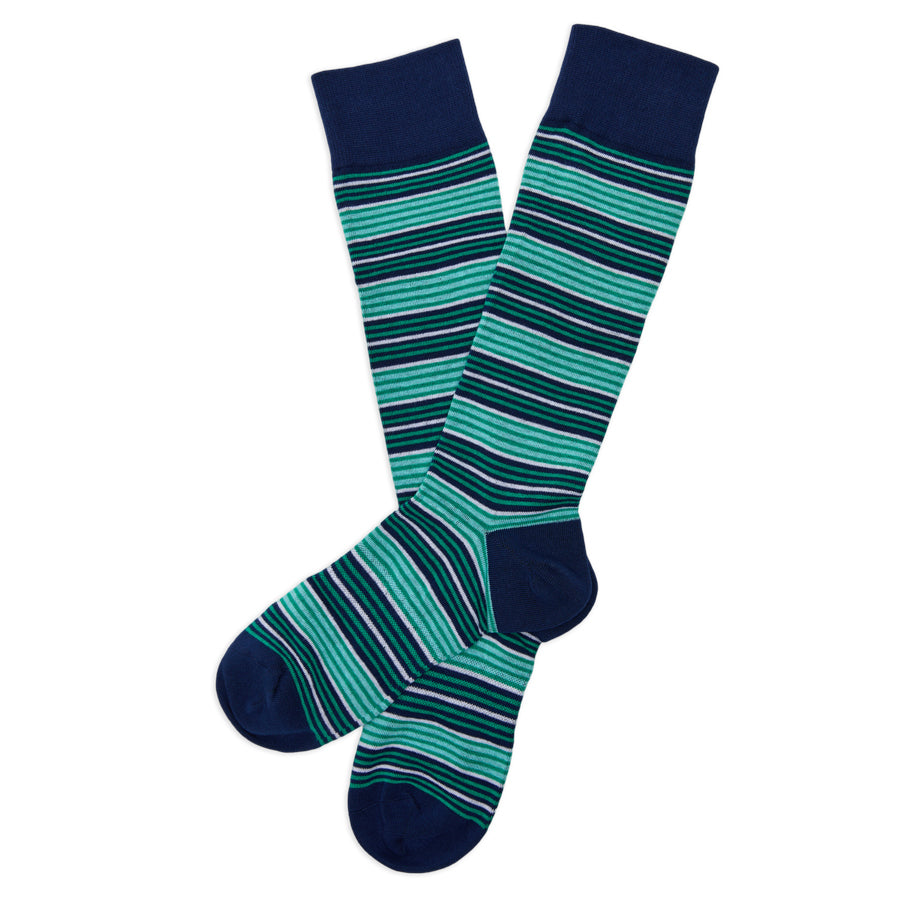 Noah dress socks flat lay showing full navy mint and teal stripe pattern