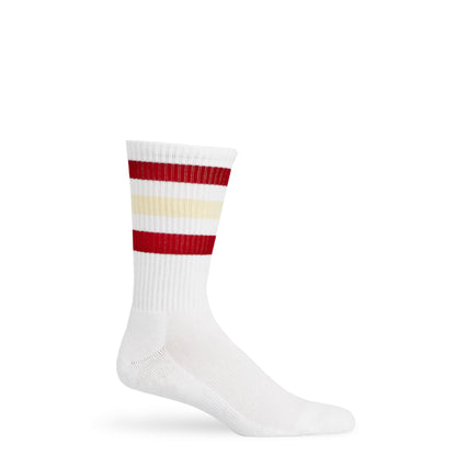 White casual socks with crimson and cream Oklahoma retro stripes on the calf  shown on mannequin