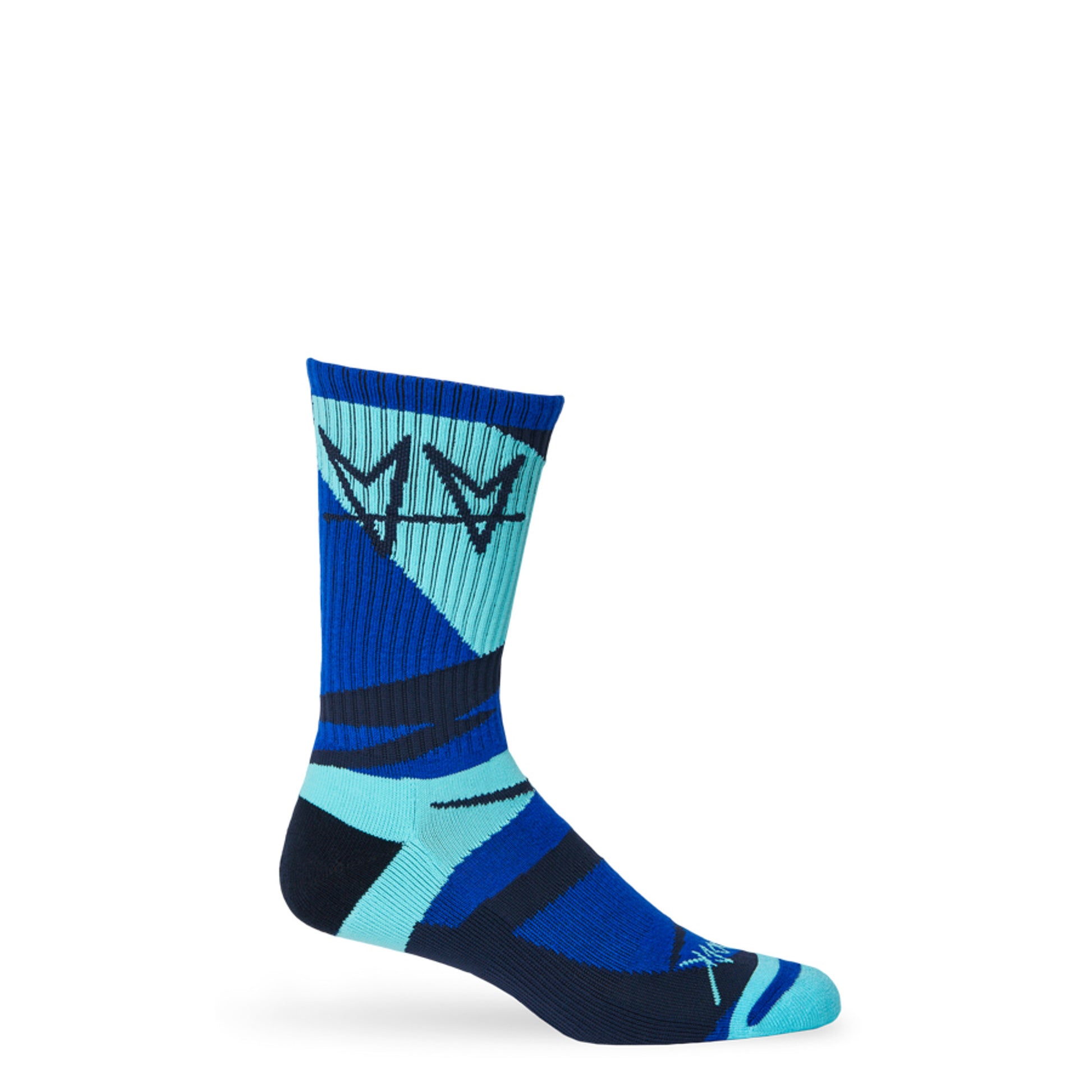 Not.Travis casual collab socks with blue geometric design shown on mannequin.