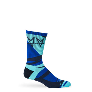 Not.Travis casual collab socks with blue geometric design shown on mannequin.