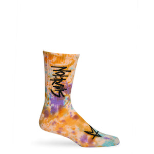 Not.Travis casual collab socks with peach colored tie dye design shown on mannequin.