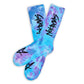 Not.Travis casual collab socks with blue and purple tie dye design shown laid out flat.