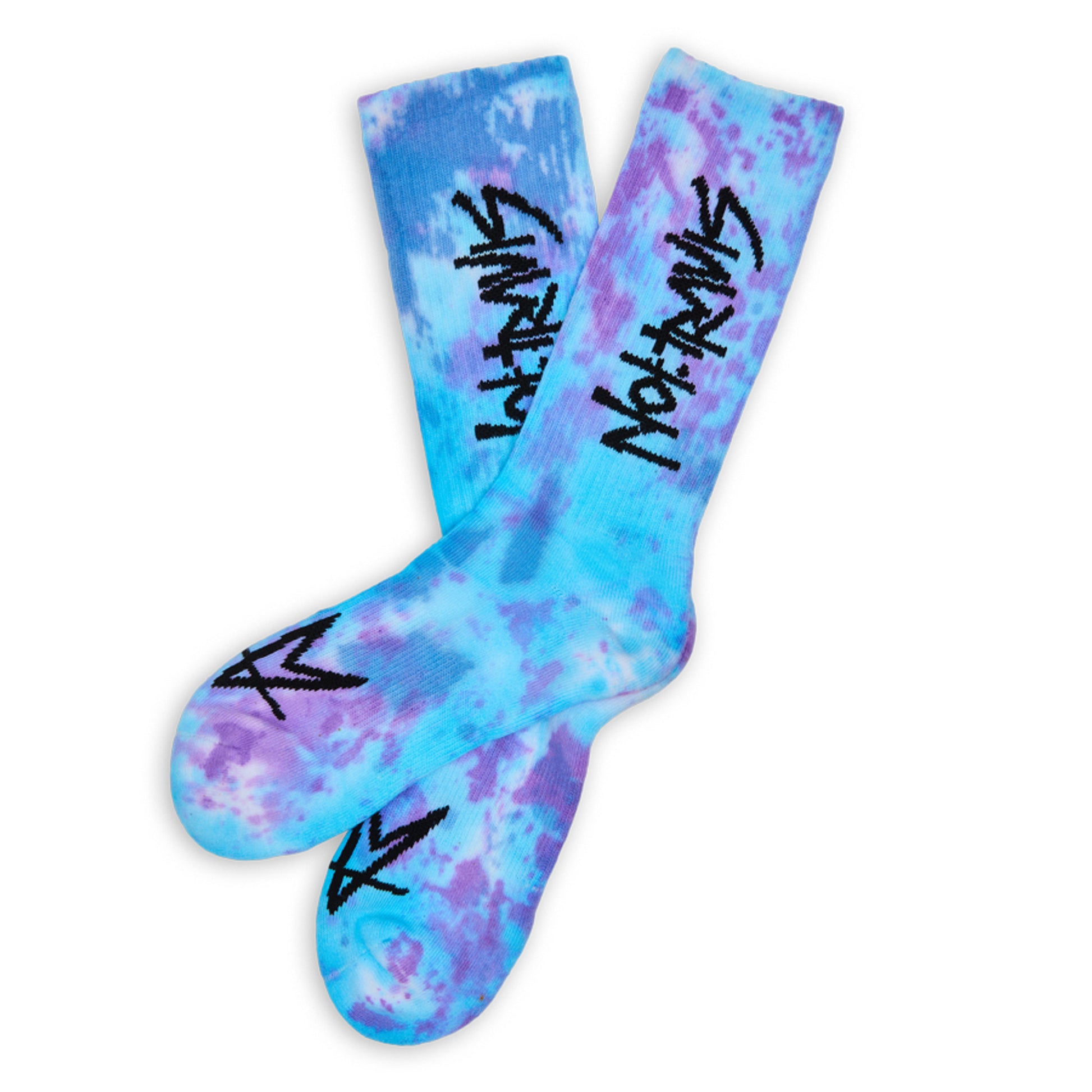 Not.Travis casual collab socks with blue and purple tie dye design shown laid out flat.
