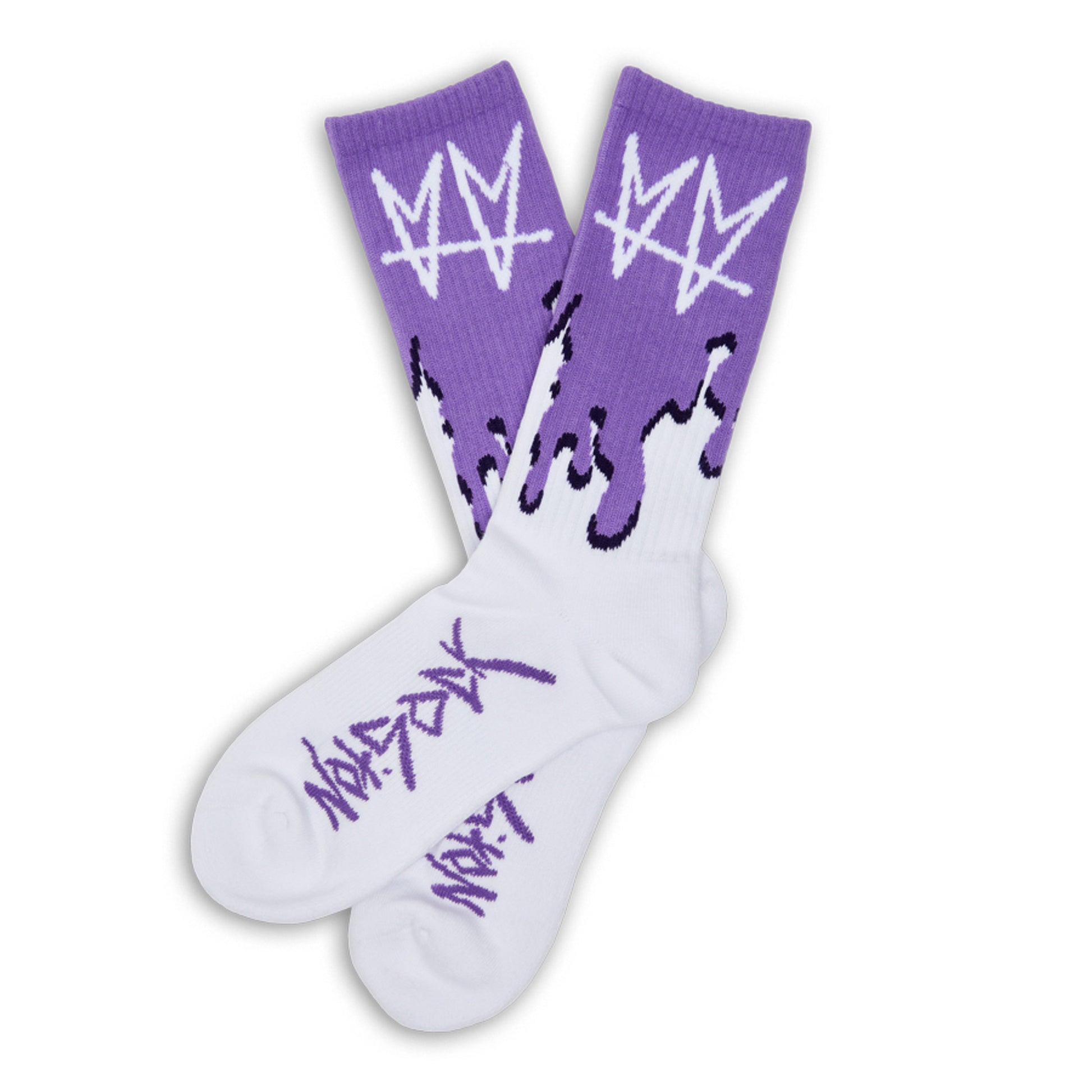 Not.Travis casual collab socks with purple drip shown laid out flat.