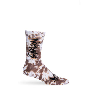 Not.Travis casual collab socks with brown tie dye design shown on mannequin.