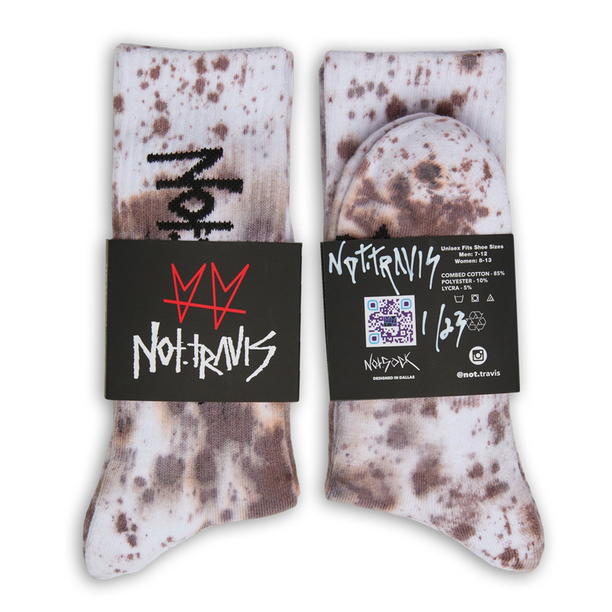 Not.Travis casual collab socks with brown tie dye design showing the signed label and authentication number.