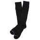1 pair of dress socks lay side by side crossed at the ankle in solid jet black powder blue double horizontal stripe over toe