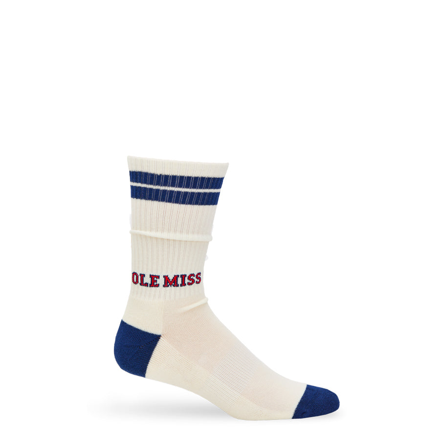 Cream sock with blue accents and 'Ole Miss' text on a white background