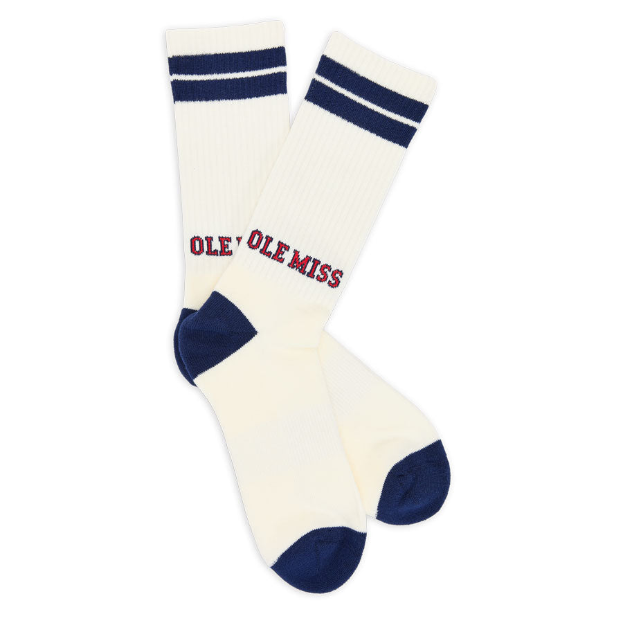 Cream socks with blue stripes and 'Ole Miss' text in old school font on a white background