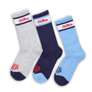 Retro Script Casual Crew 3-Pack featuring Grey, Navy, and Powder Blue Ole Miss casual crew socks with repeating 'Ole Miss' script pattern.