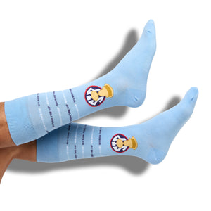 Powder SIP dress socks with the Egg Bowl trophy on the ankle shown on legs.