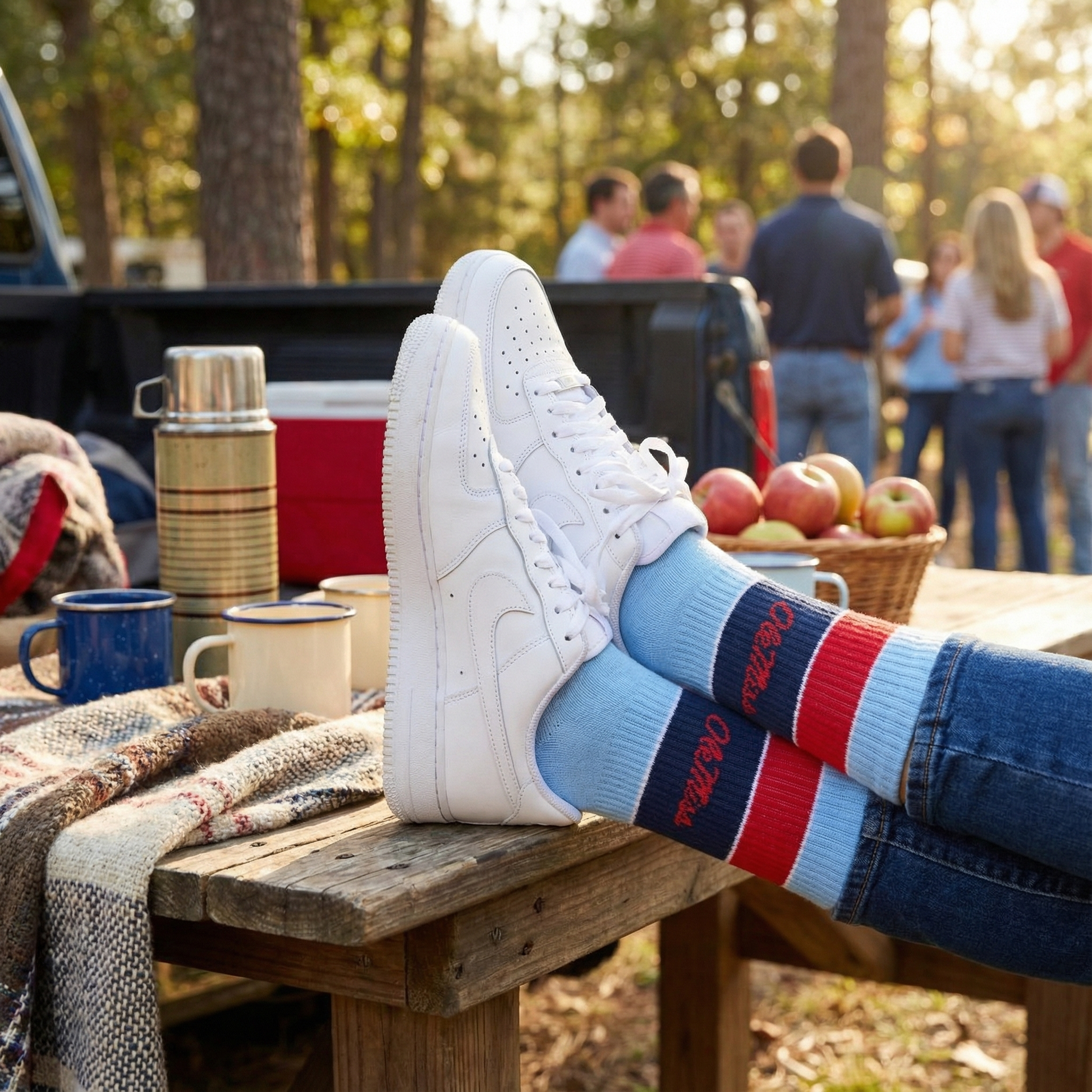 Lifestyle outfit shot featuring Powder Wide Stripe Casual Crew