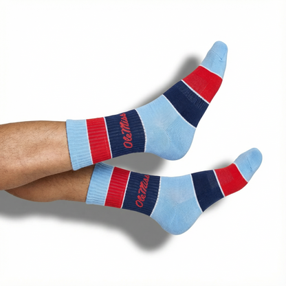 Powder blue wide-stripe casual crew socks with red REBELS text — side view