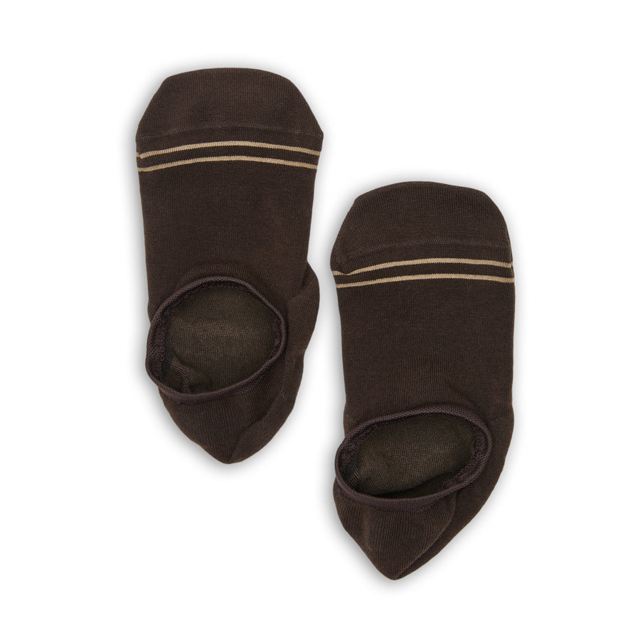 Oakley no-show socks laid flat, showing deep brown with gold toe striping