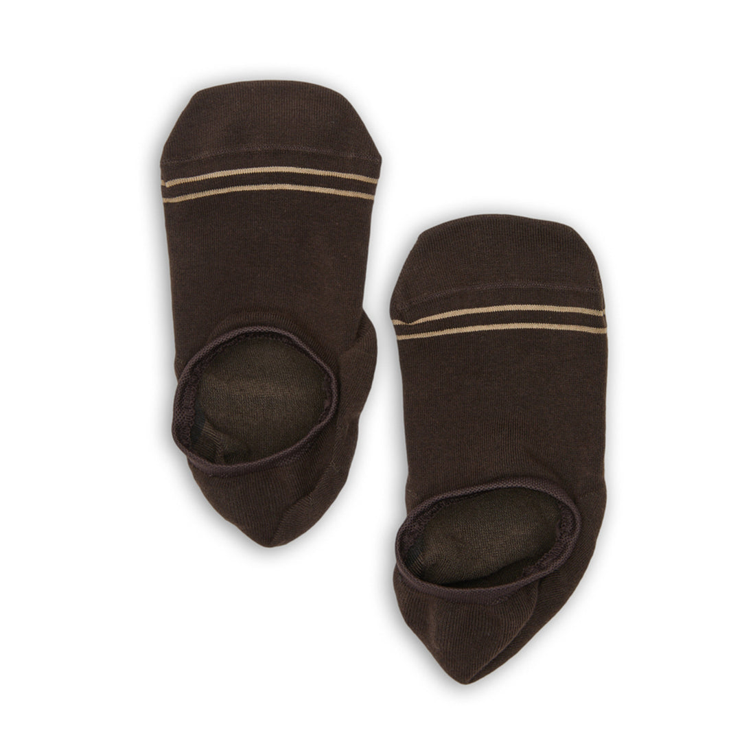 No-show Oakley socks in deep brown with gold toe stripes, designed for a secure fit and stylish stealth under any shoe laid out flat