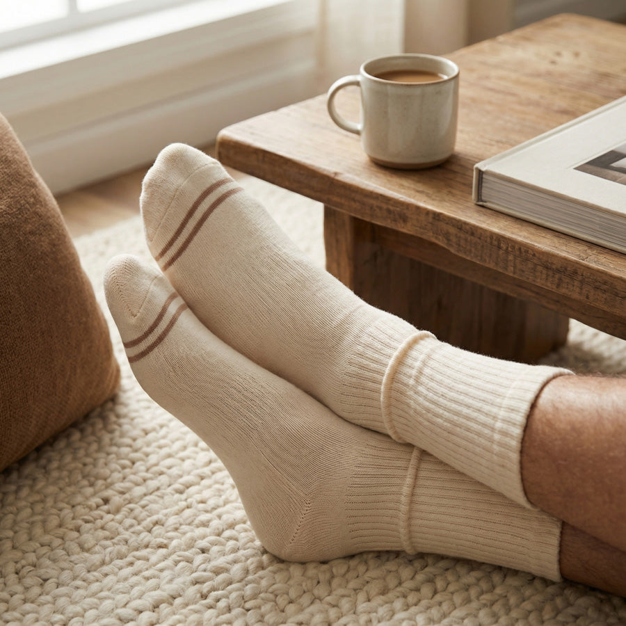 Second product shot of Off-White Casual Crew Socks showing cushioned construction and clean cream color