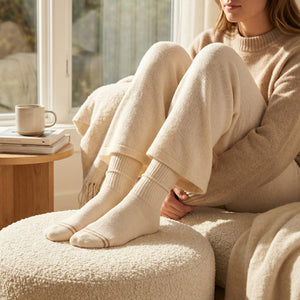 Off-White Casual Crew Socks worn in cozy at-home setting emphasizing soft comfort and cushioned fit