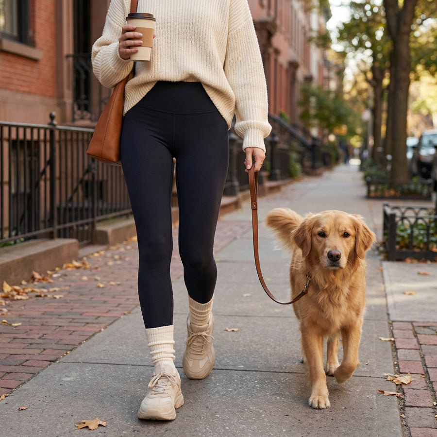 Woman relaxing with her dog wearing DeadSoxy Off-White Casual Crew Socks in a casual lifestyle setting