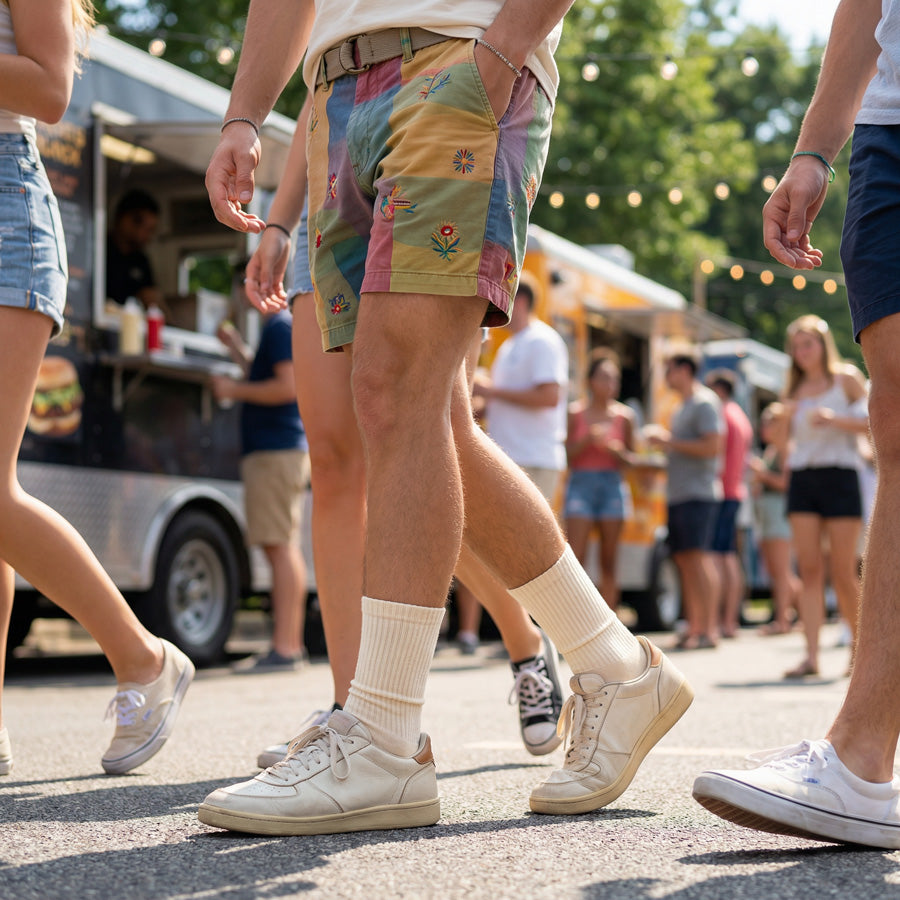 Man wearing Off-White Casual Crew Socks with shorts showing athletic and casual styling versatility