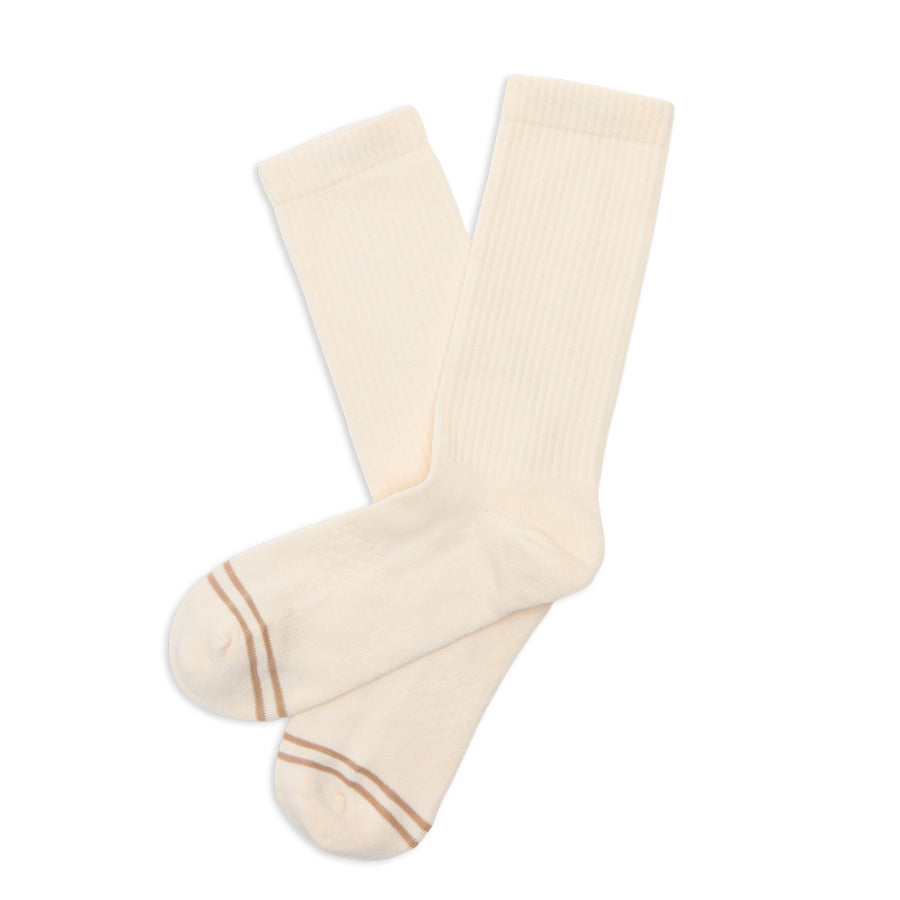 Off-White Casual Crew Socks layflat product shot showing full sock silhouette and grey toe-stripe accent