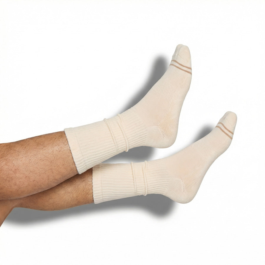Close-up of Off-White Casual Crew Socks highlighting premium cotton blend texture and ribbed cuff detail