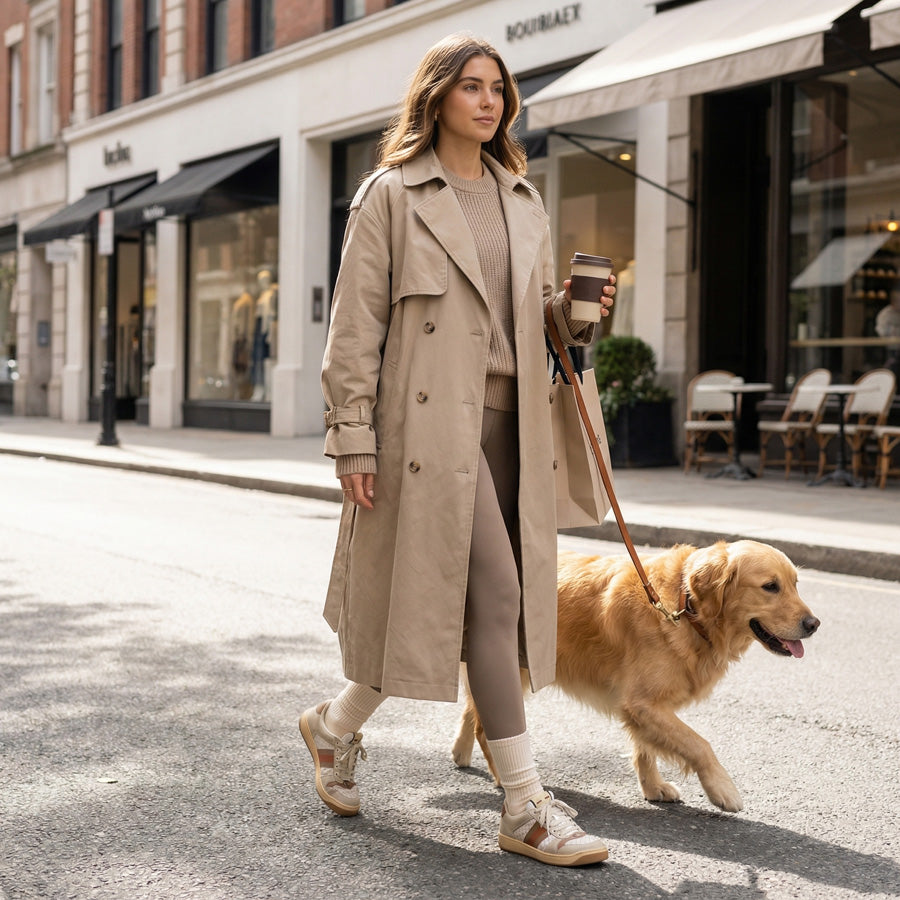 Full-body lifestyle shot of woman styling DeadSoxy Off-White Casual Crew Socks with sneakers