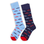 Ole Miss Script Dress Socks 2-Pack in navy and powder blue with repeating Ole Miss script logo pattern."