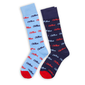 Ole Miss Script Dress Socks 2-Pack in navy and powder blue with repeating Ole Miss script logo pattern."