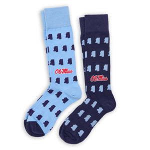 Ole Miss State Dress Socks 2-Pack featuring navy and powder blue socks with Mississippi state outlines and Ole Miss logo.