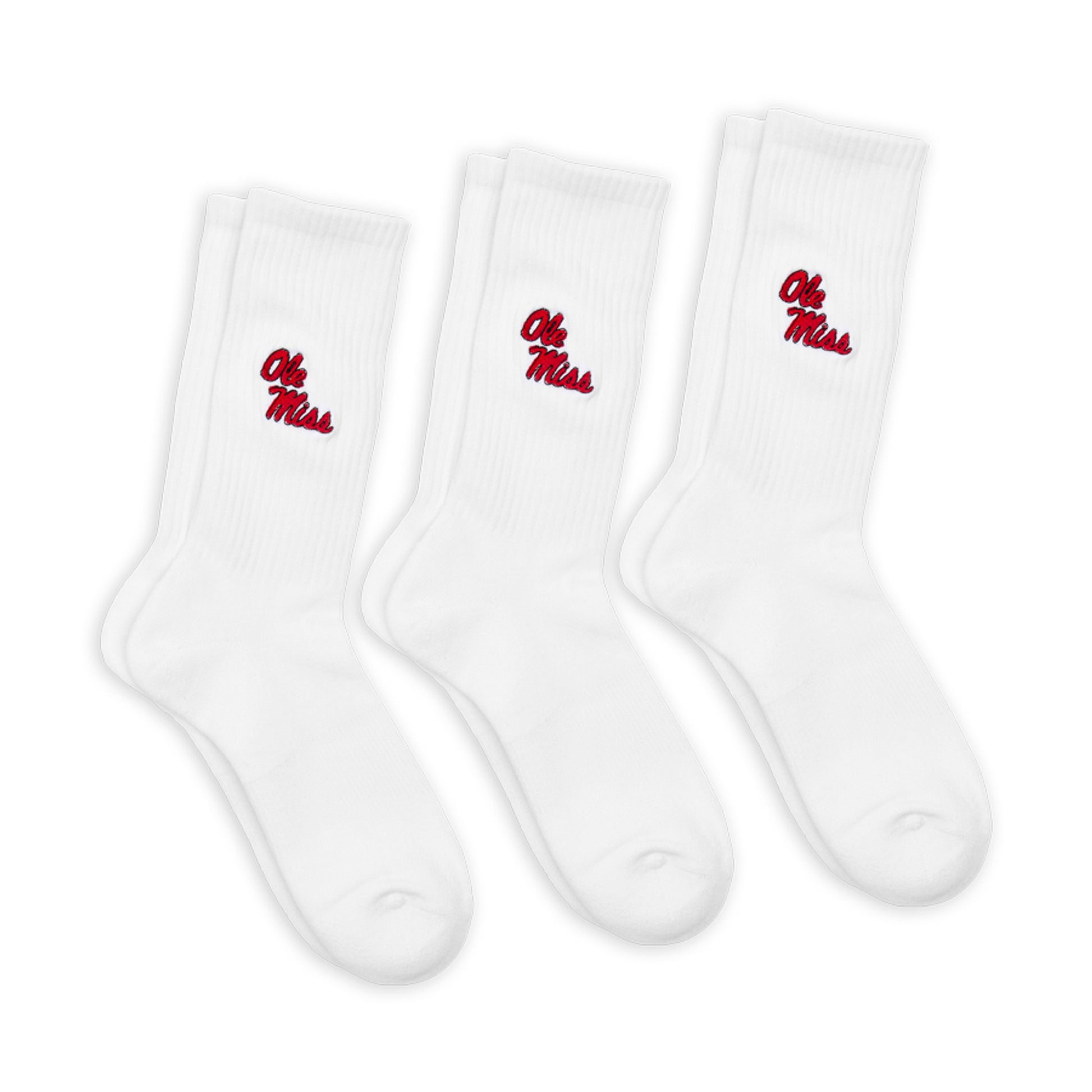 3 pack of white crew socks with embroider of Ole Miss on the calf