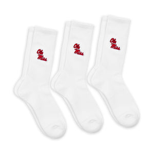 3 pack of white crew socks with embroider of Ole Miss on the calf