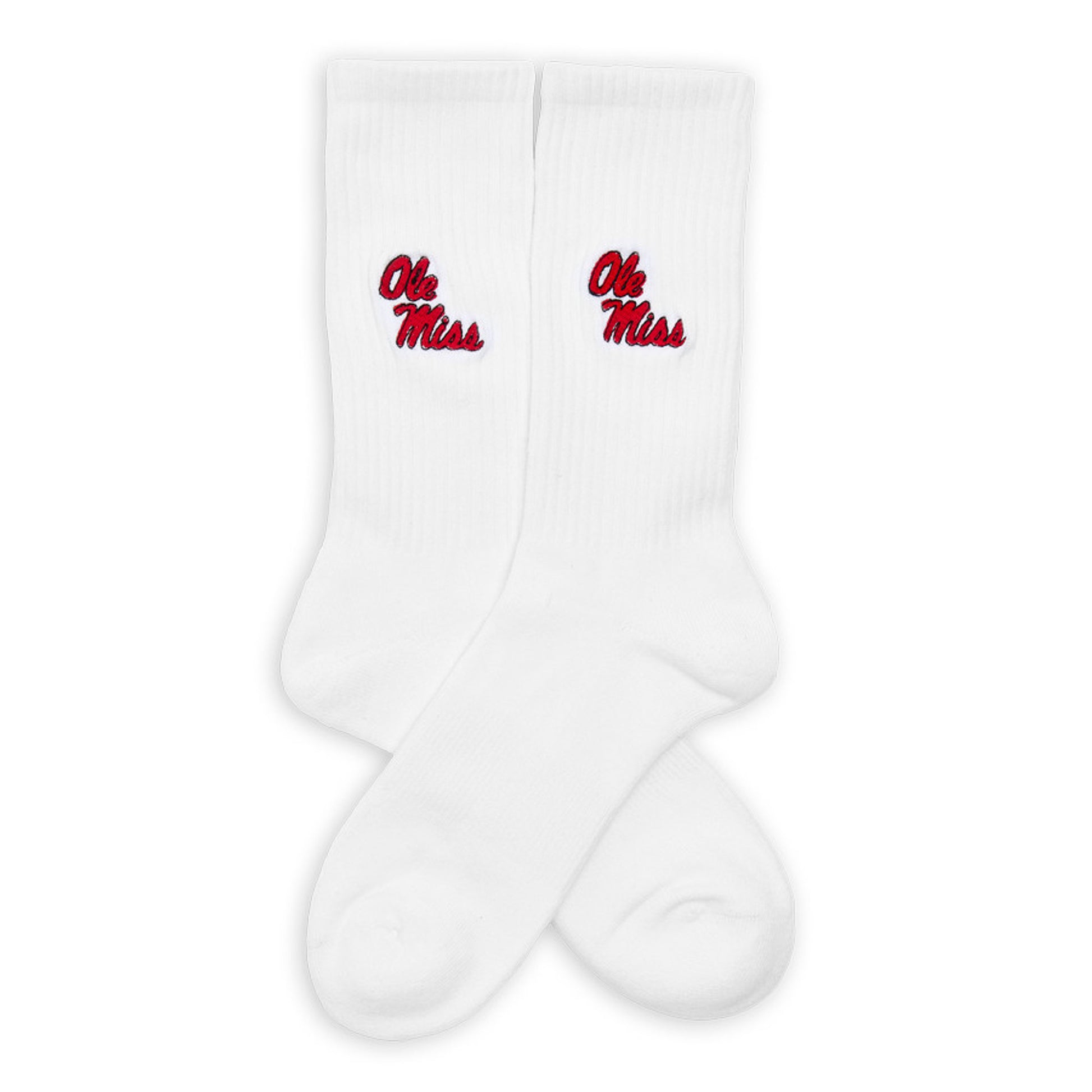 White Crew Socks with Ole Miss embroider on the calf in red laid out flat