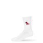 White Crew Socks with Ole Miss embroider on the calf in red.