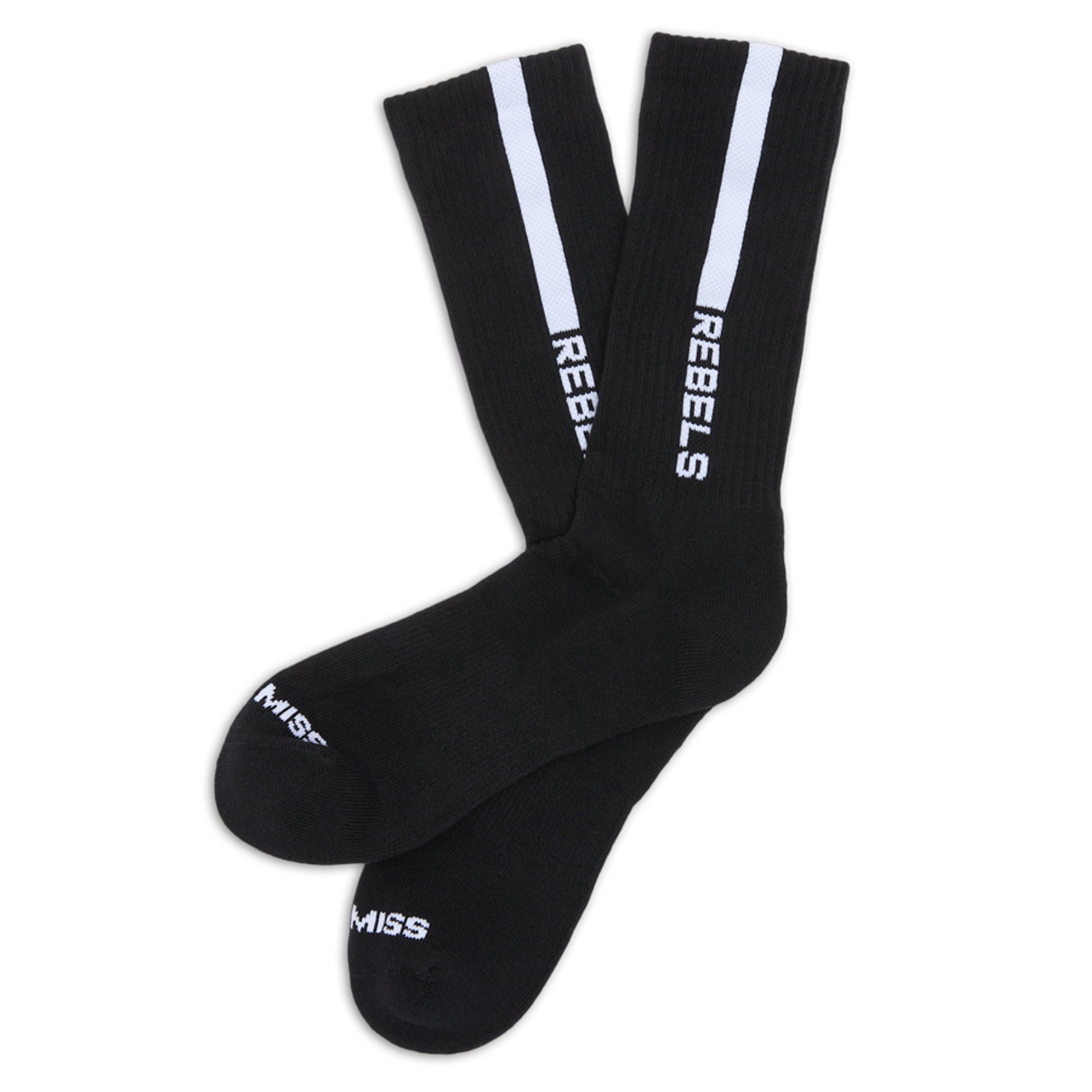 Black casual crew socks with ‚ÄúREBELS‚Äù written in white down of the leg laid out flat.