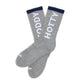 Gray socks with 'HOTTY TODDY' text on a white background