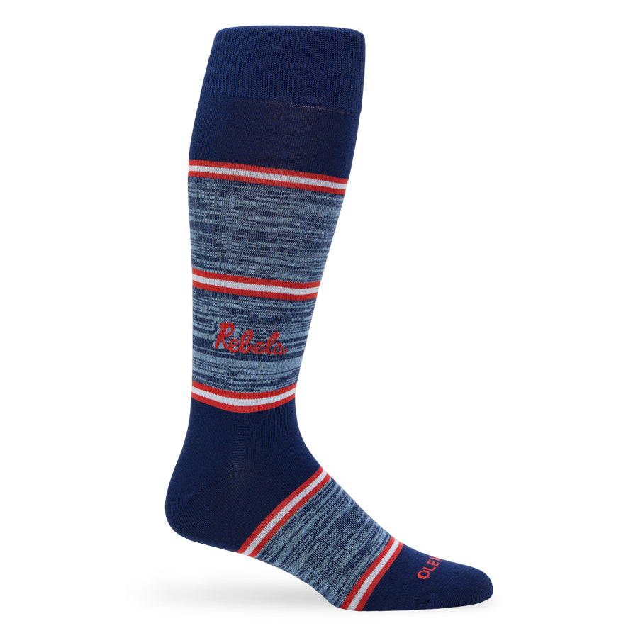Navy sock with red and white stripes on a white background