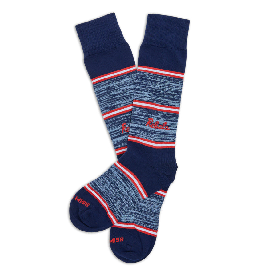 Navy socks with red and white stripes on a white background