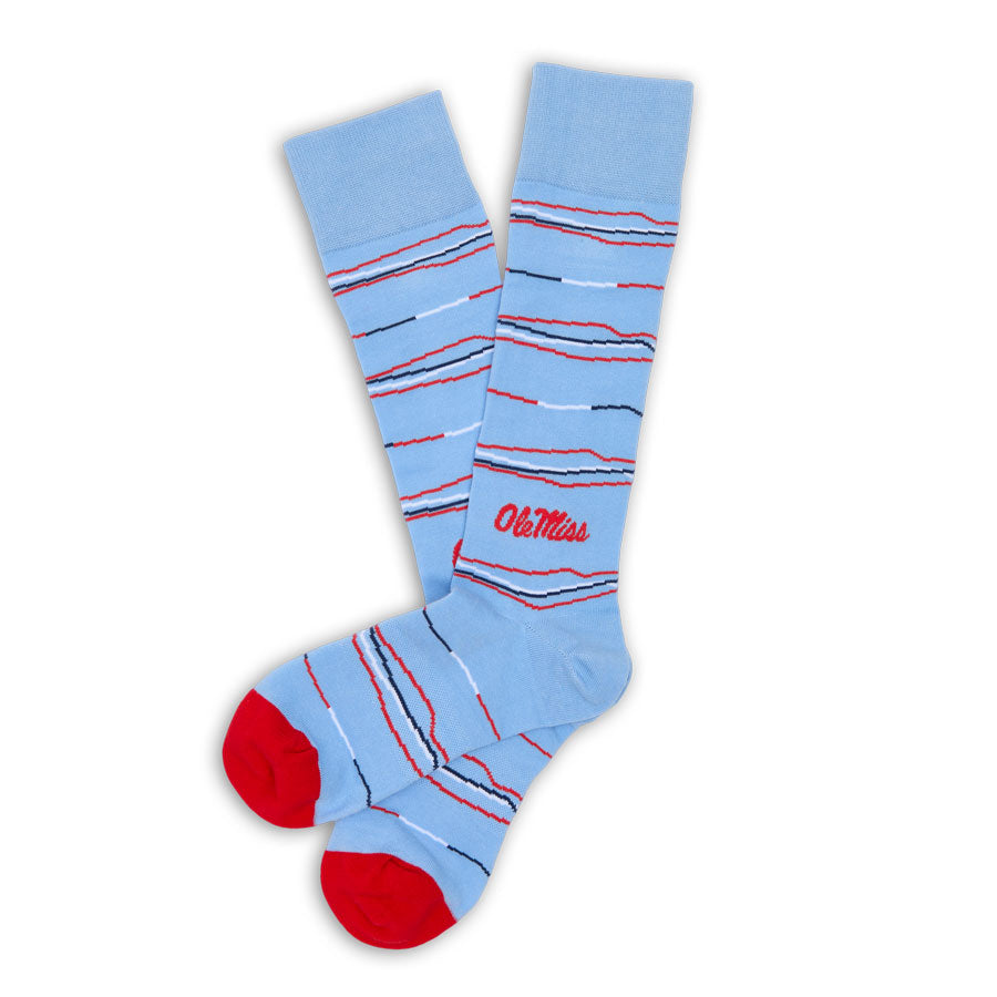 Powder Wave Stripe Dress Socks laid flat with powder blue, navy, and white wave stripes.