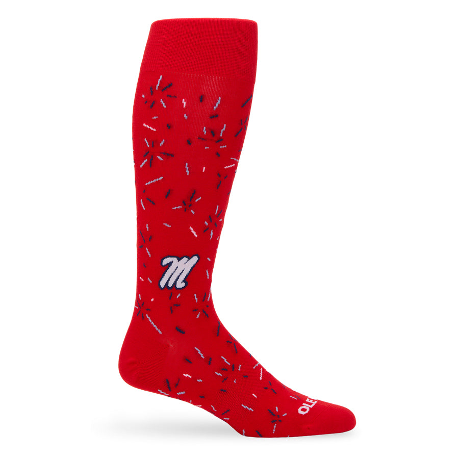 Red sock with black and white pattern on a white background